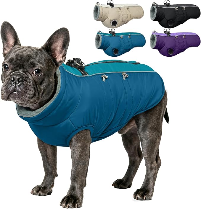 IDOMIK Warm Dog Coat with Harness, Waterproof Reflective Dog Jackets for Small Medium Large Dogs, Fleece High Collar Winter Jacket with Zipper, Pet Winter Snowsuit Clothes for Cold Weather,Blue L