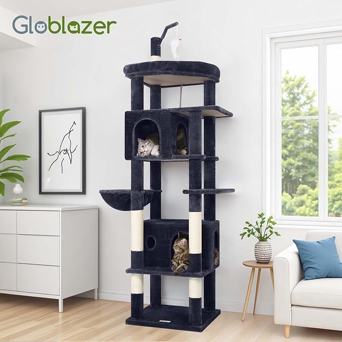 Globlazer Cat Tree for Indoor Cats Large Adult, 74in Tall Cat Tower with Scratching Post, Heavy Duty Cat Tree Tower with 2 Spacious Caves, Oversized Top Perch, Big Hanging Basket, F74B, Dark Grey