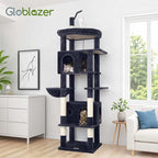 Globlazer Cat Tree for Indoor Cats Large Adult, 74in Tall Cat Tower with Scratching Post, Heavy Duty Cat Tree Tower with 2 Spacious Caves, Oversized Top Perch, Big Hanging Basket, F74B, Dark Grey