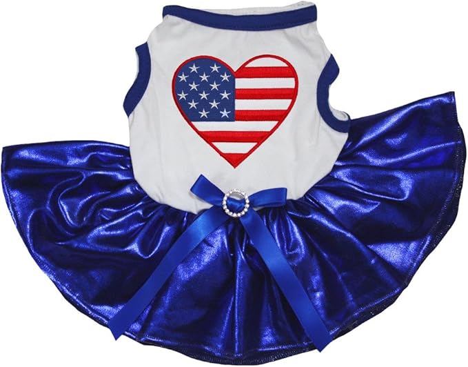 Petitebella USA Heart Puppy Dog Dress (White/Bling Blue, Large)