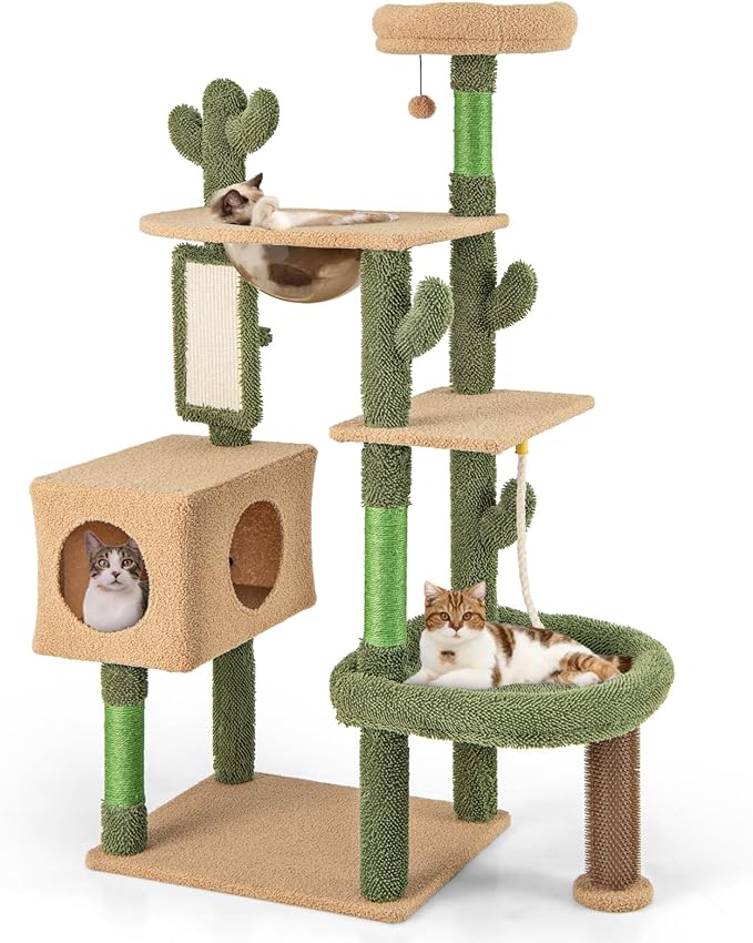 PETSITE 59 inch Cactus Cat Tree Tower, Multi-Level Cat Tower with Sisal Scratching Posts, Board and Rope, Cat Condo, Capsule Bed, Hanging Ball and Self Groomer, Cute Cat Tree for Indoor Cats