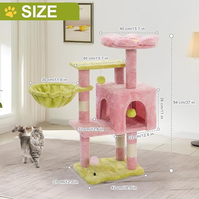 Cat Tree Tower with Metal Frame Hammock, 41'' Cat Trees for Indoor Cats Large Adult, Cat Towers with Scratching Post, Cats Condo furniture with Pink Flower Perch, Cats Climbing Tower for Kittens(Pink)