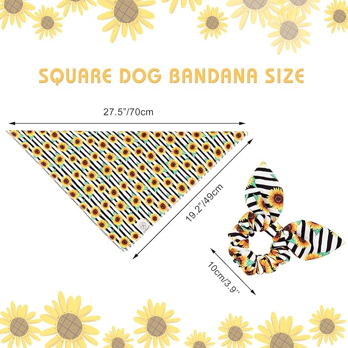 E-Clover Dog Bandanas & Matching Scrunchie Set Sunflower Dog Bandana Scarf Bibs for Medium Large Dogs Girl Pet Owner Birthday Gift Stripe