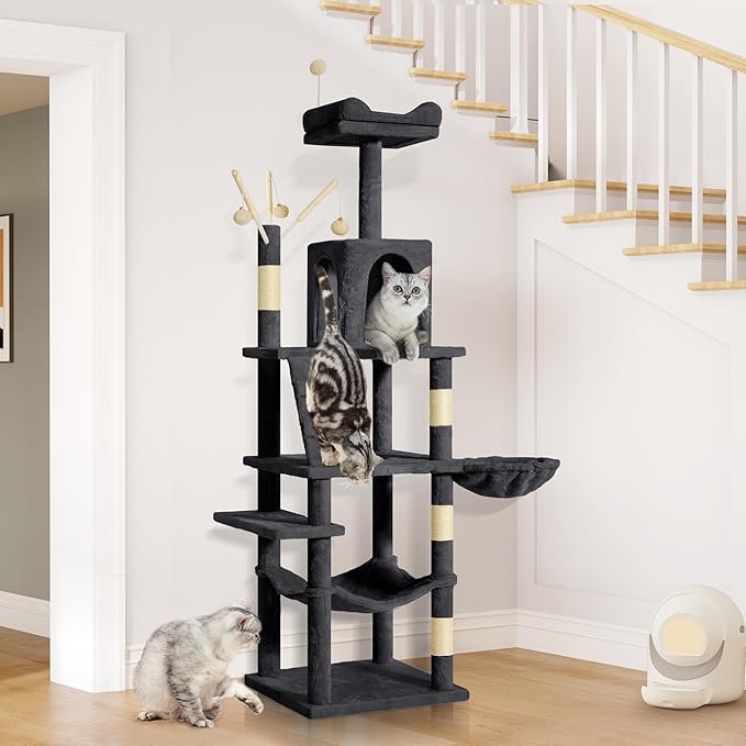 YITAHOME 64.5" Cat Tree, Multi-Level Cat House, Large Cat Condo Furniture with Perch Hammock, Scratching Posts and Dangling Balls for Kittens, Cats and Pets,Dark Gray