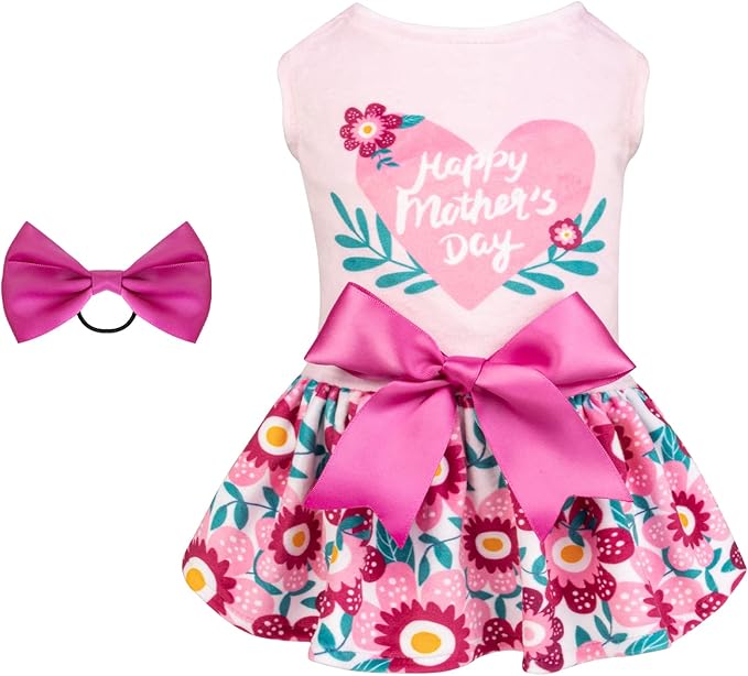 CuteBone Happy Mother's Day Dog Dress Velvet for Small Dogs Girl Floral Skirt Pink Puppy Dresses Dog Clothes CVA22XS-D