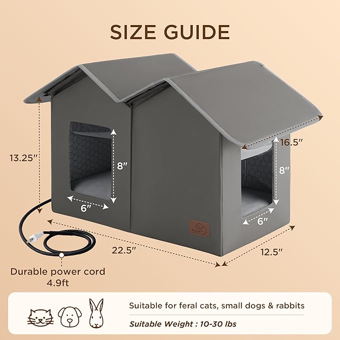 Bedsure Heated Outdoor Cat House-Extra Wide Weatherproof and Warming Feral Cat Shelter with Raised Base in Winter, Waterproof Insulated Outside Pet Hideout for Stray Kitty, 22.5x12.5x13.25inches, Grey