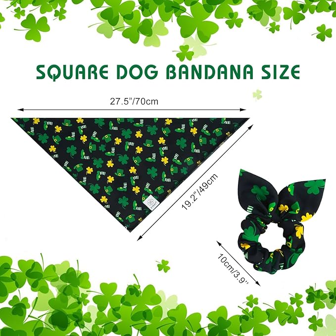 E-Clover St Patrick Dog Bandana Boy & Matching Scrunchie-Shamrock Dog Bandanas Irish Pet Scarf Bib for Medium Large Dogs Girl Owner Gift Dark Green