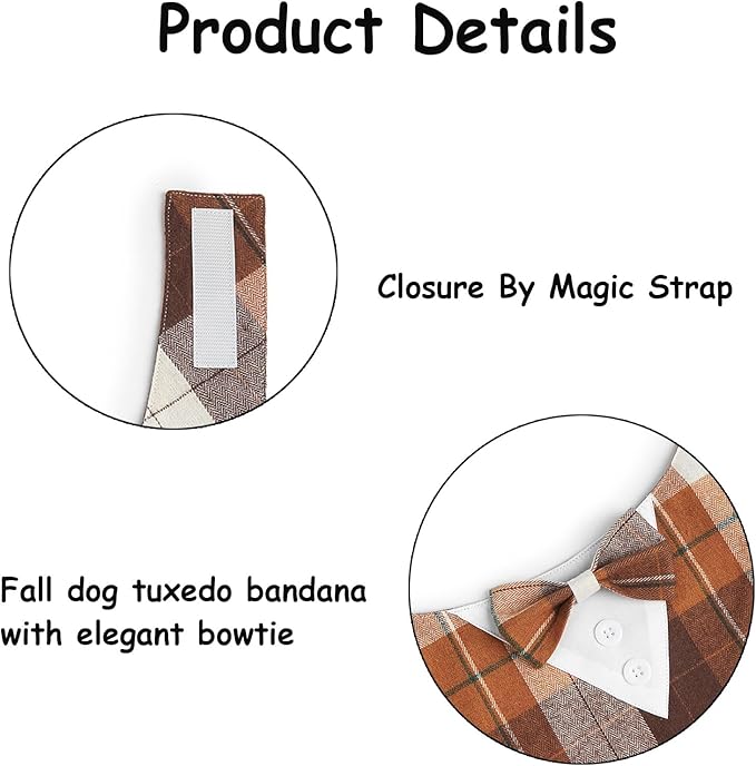 Fall Dog Tuxedo Bandana, Orange Plaid Pet Collar with Bowtie, Adjustable Halloween Thanksgiving Dog Tux Costume for Small to Extra Large Pets