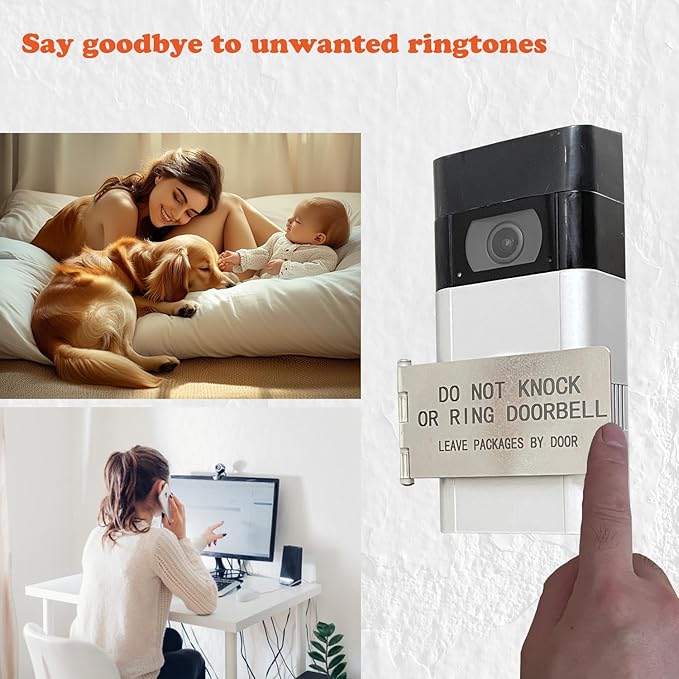 Front Door No Soliciting Sign & Do Not Knock Or Ring Doorbell Sign - Easy to Install on Doorbells - Prevents the Doorbell From Ringing While Napping or at Work (Silver - Left Side Mount)