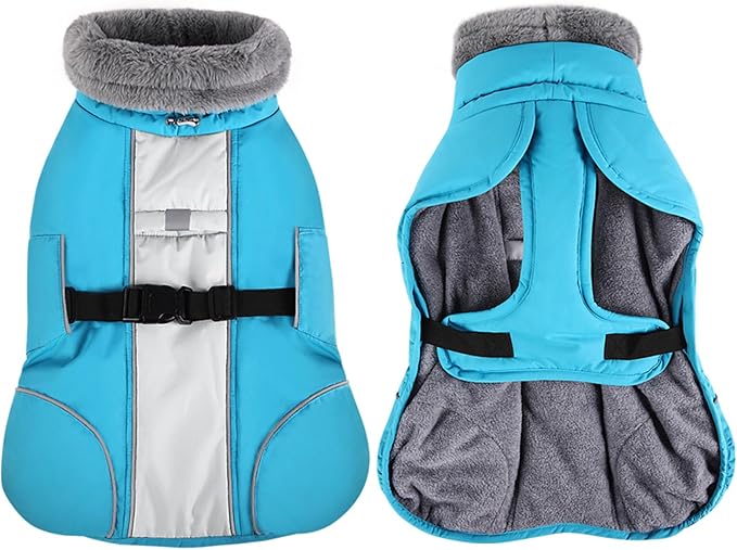 Queenmore Dog Coats for Large Breeds, Dog Snow Jacket, Adjustable Easy On Pet Winter Jackets, Waterproof Cold Weather Pet Coat, Blue, L