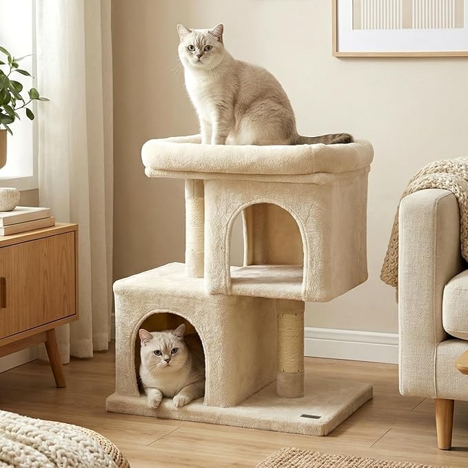 PETSITE 25.5-inch Small Cat Tree, Modern Multi-Level Cat Tower with 2 Comfy Condos, Sisal Scratching Posts, Large Plush Top Perch, and Anti-Tipping Kits, Ideal for Indoor Cats and Kittens (Beige)