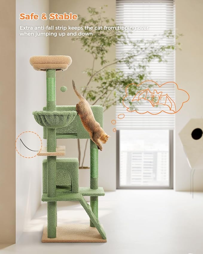 PEQULTI 56.3'' Cat Tree for Large Cats with Super Large Top Perch, Tower for Indoor Cats with Hammock and Sleeping Bag, Cat Shelves with Scratching Posts and 2 Condos Houses Green