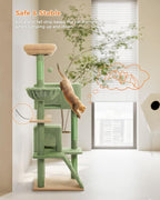 PEQULTI 56.3'' Cat Tree for Large Cats with Super Large Top Perch, Tower for Indoor Cats with Hammock and Sleeping Bag, Cat Shelves with Scratching Posts and 2 Condos Houses Green