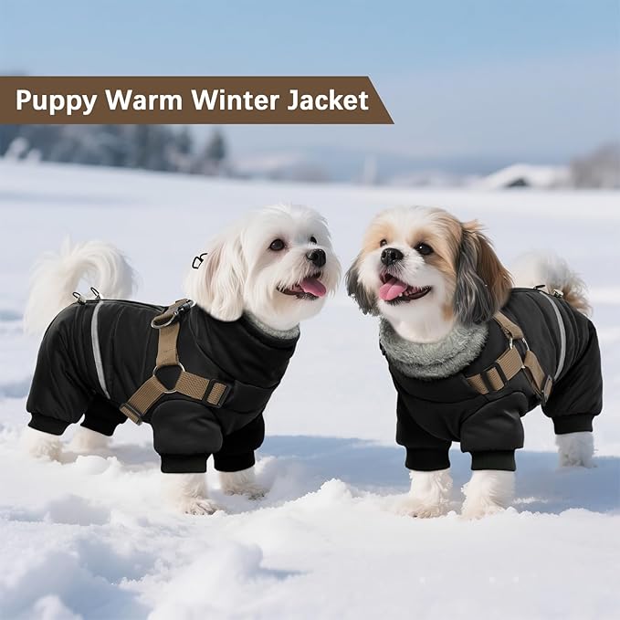 BRKURLEG Black Dog Coat with Harness, Dog Winter Jacket, Dogs Onesie Body Warm Jackets, Small Dogs Winter Coats Reflective Windproof Warm Cold Weather Coats, Pet Waterproof Jacket Hiking L