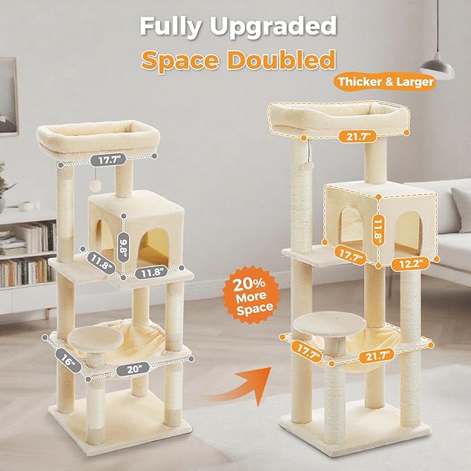 Large Cat Tree for Indoor Cats Large Adult, 57.8" Heavy Duty Cat Tower with Reinforced Scratching Posts (φ3.7in) and Plush Larger Hammock for Maine Coon & Big Cats, Supports 30lbs, Beige