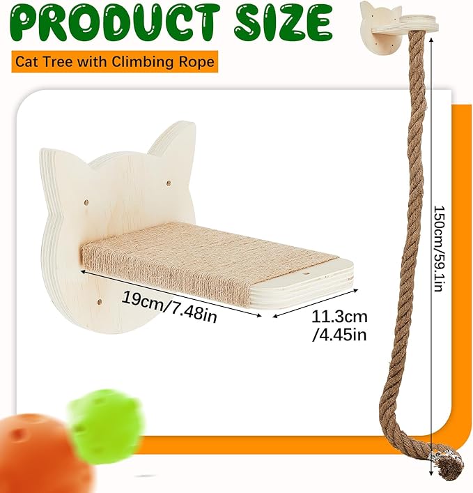 Weysat Cat Tree with 2 x 59.1 Inch Climbing Rope Wall Mounted Cat Climbing Tower Toy with Scratching Post Kitten Rope Ladder with Jumping Platform Wall Steps for Playing and Rest (Wood,Kitten Head)