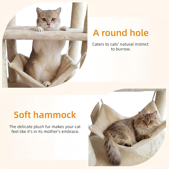 Cat Tree, 68-Inch Cat Tower for Indoor Cats, Plush Multi-Level Cat Condo with 7 Scratching Posts, 2 Perches, 2 Caves, Hammock (Beige)