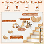Tangkula Cat Wall Shelves, 6 Pieces Wooden Wall Mounted Kitten Furniture Set with Hammock, Bridge, 2-Step Cat Tree, Platforms, Scratching Posts & Hanging Toy, Modern Cat Climber Steps