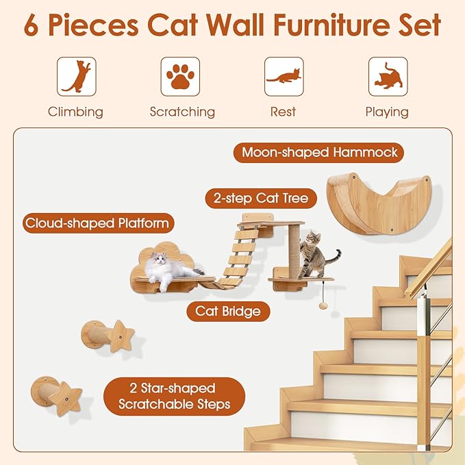 Tangkula Cat Wall Shelves, 6 Pieces Wooden Wall Mounted Kitten Furniture Set with Hammock, Bridge, 2-Step Cat Tree, Platforms, Scratching Posts & Hanging Toy, Modern Cat Climber Steps