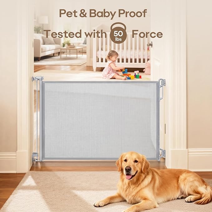 Retractable Baby Gate for Stairs & Doorways - 55" Wide Portable Safety Gate | Fits Baseboards, Easy to Use Indoor/Outdoor | Mesh Gate for Dogs, Puppies, Gray