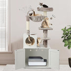 Cat Tree with Litter Box Enclosure, 2-in-1 Cat Tower for Indoor Cats, Large Wood Cat Condo with Basket, Scratching Posts, Pompoms, White