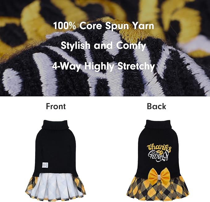 CuteBone Thanksgiving Dog Sweater Dress for Small Dogs Girl, Thanksgiving Embroidery Turtleneck Medium Dog Sweater with Bowtie, Pet Clothing for Chihuahua Yorkie Teacup DS108XL