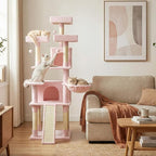 Tangkula 65 Inch Tall Pink Cat Tree, Multi-Level Cat Tower with Sisal Scratching Posts & Board, 2 Condos, 3 Plush Top Perches, Adjustable Basket, 3 Hanging Balls for Indoor Cats (Pink)