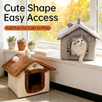 Lovely Cat Bed for Indoor Cats, Cartoon Pattern Cat Cave Bed with Handle Design, Soft Cat Hideaway Indoor Cat House for Kitten, Puppy & Small Pets (L)