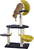 CTR1003A Aurora 49" 3-Tier Modern Sisal Moon and Stars Cat Tree with Scratching Posts, Basket, and Fuzzy Bell Toys, Navy/Yellow/White