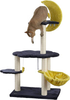 CTR1003A Aurora 49" 3-Tier Modern Sisal Moon and Stars Cat Tree with Scratching Posts, Basket, and Fuzzy Bell Toys, Navy/Yellow/White