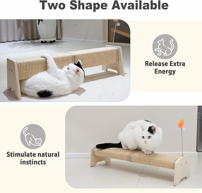Meeyoview 30" Horizontal Scratching Post, Sisal Cat Scratcher with Spring Toy, Large Floor Mount Scratching Pad, Furniture Protector for Indoor Cats, Square