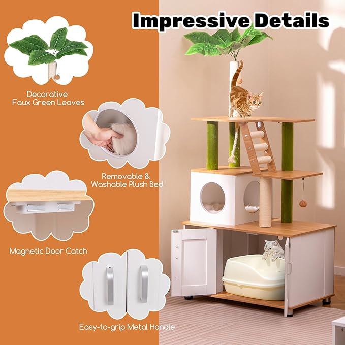 PETSITE Cat Tree with Litter Box Enclosure, Multi-Level Modern Cat Tree Tower with Sisal Scratching Posts, Cat Condo, Ladder, Dangling Balls, Interactive Sisal Rope, and Hidden Litter Box