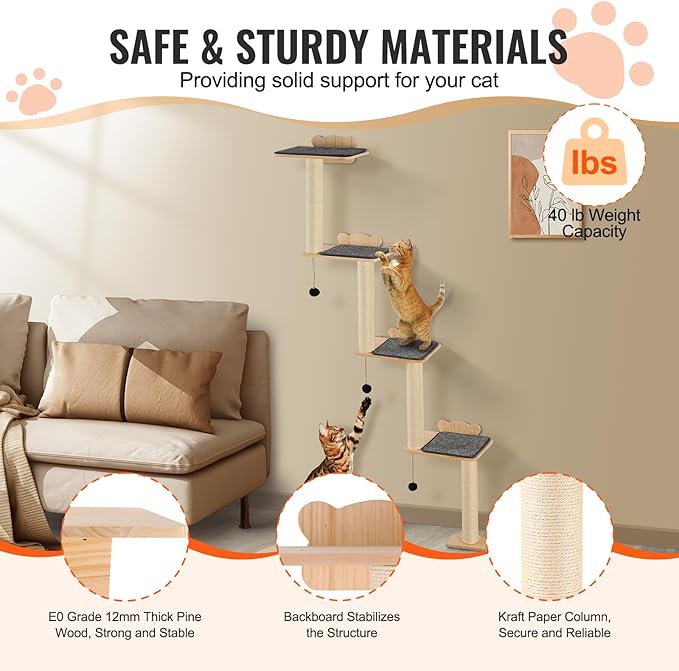 HAPPYBUY 4 Tiers Cat Tree, Cat Wall Furniture Set with 4 Jumping Boards, Wall-Mounted Cat Floating Shelf up to 40 lbs, 12 mm Pine Wood Cat Perch for Sleeping, Playing and Climbing