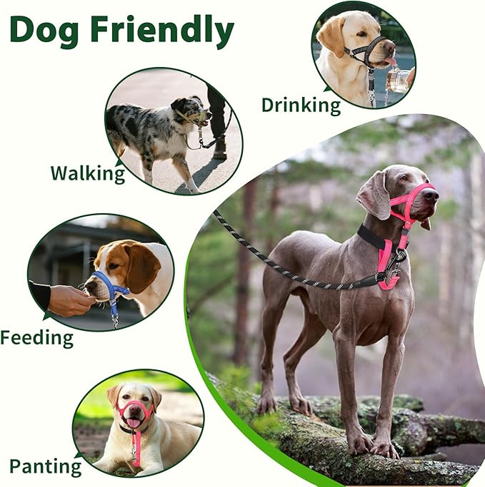 BARKLESS Sturdy No Pull Head Collar for Medium Large Dogs, Gentle Reflective Head Halter with Safety Link, Adjustable Nylon Dog Training Muzzle Leash for Walking Control (Green, M)