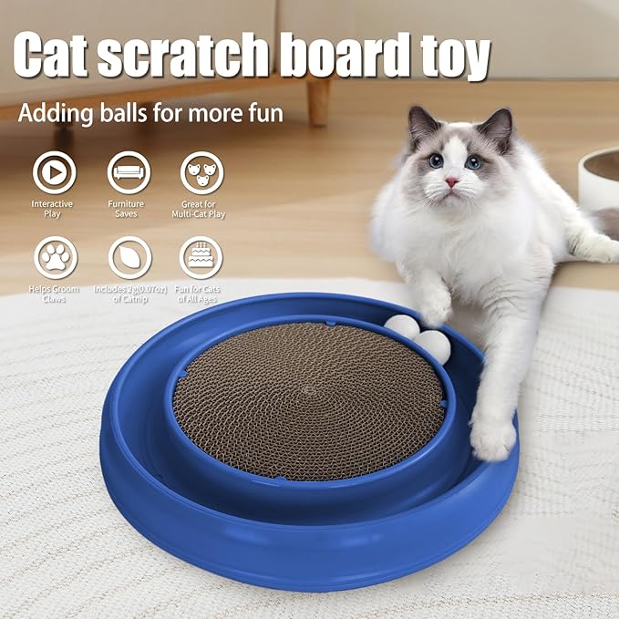Cat Scratcher Toy Ball Track for Indoor Cats,Round Interactive Scratching Board Exercise Set for Bored Indoor Adult and Kitten Mental & Physical Stimulation (Blue)