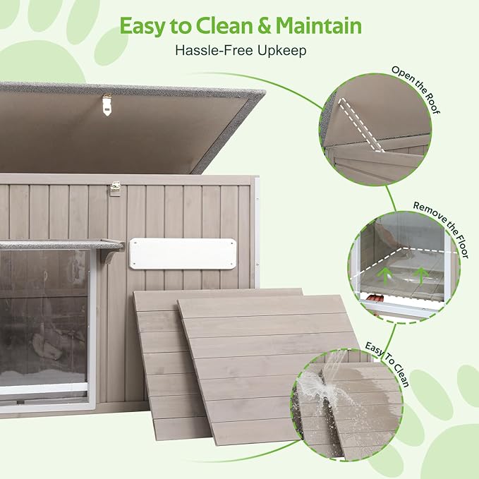 Dog House Indoor Outdoor, Weatherproof Wooden Dog House for Medium/Large Dogs, Chew-Proof Frame, Vent Window & Elevated Floor, Openable Roof, Easy to Assemble & Clean, Gray 43.3" L×29.5" W×33.5" H