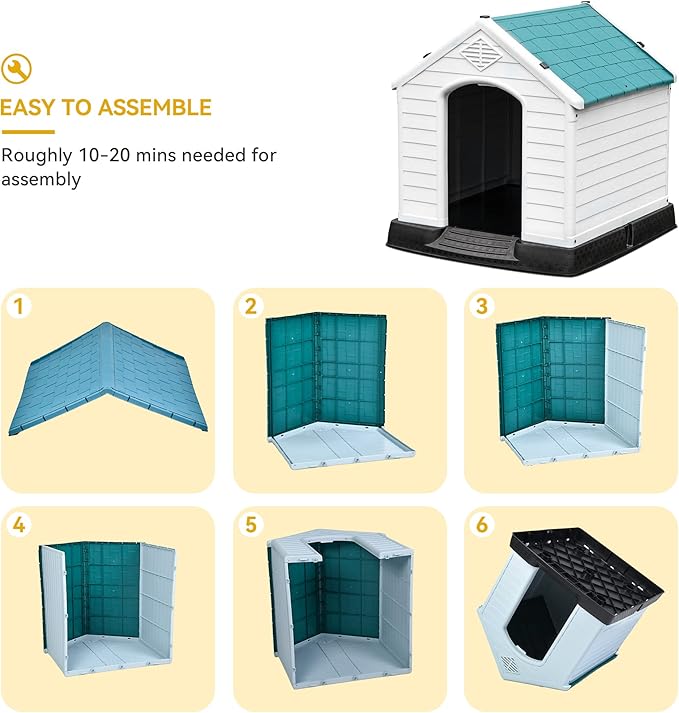 DWVO Large Outdoor Dog House, Plastic Doghouse with Air Vents and Ground Nails, Insulated Puppy Shelter for Small Medium Dogs (41''L x 38''W x 39''H, Green)