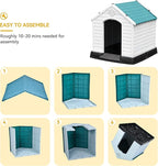 DWVO Large Outdoor Dog House, Plastic Doghouse with Air Vents and Ground Nails, Insulated Water Unaffected Puppy Shelter for Small Medium Dogs (28.5''L x 26''W x 28''H, Blue)