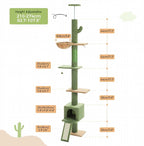 PEQULTI Cat Tree Floor to Ceiling,Cactus Tall Cat Tower, Adjustable Height (83''-108'') 5 Tiers Climbing Tree for Indoor Cats with Cat Condo, Scratching Post and Ladder, Green