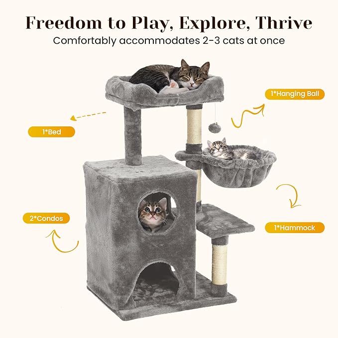 Modern Cat Tree with Scratching Posts, Cat Bed, Hammocks & Condos – Multi-Level Cat Tower for Playful Cats, 36" Modern Cat Tree Tower, Grey