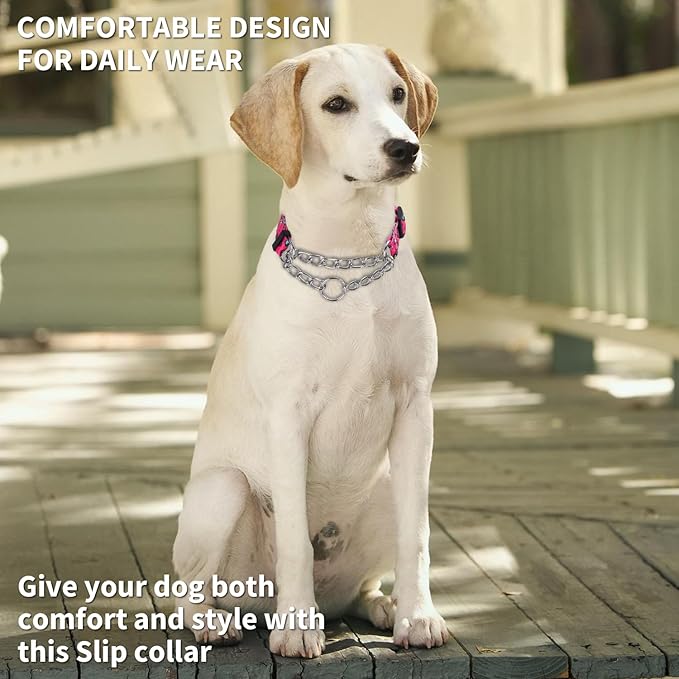Martingale Dog Collar - Stainless Steel Chain, No Pull Training Collar with Flower Design for Large Medium Small Dogs (14, S)