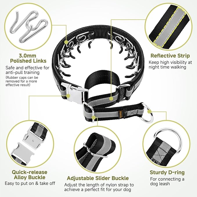 Mayerzon Martingale No Pull Collar for Large Medium Dogs, Patented Dog Walking Training Collar for Pulling, 1.5'' Wide Alloy Buckle, Neoprene Padded, Adjustable, Reflective, Easy to Use (Black, M)