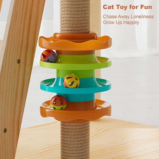 59” Wood Cat Tower with Sisal Scratching Post, Modern Cat Tree with 2 Acrylic Bowl, Cat Condo, Climbing Ladder & Hanging Ball Toy, Multi-Level Cat Activity Center (59 inch)