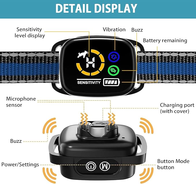 Bark Collar for Small Dogs,No Shock Anti Bark Collar with 3 Adjustable Modes Beep&Vibration,Barking Collar with 6 Adjustable Sensitivity Rechargeable Smart Training Collar (Blue)