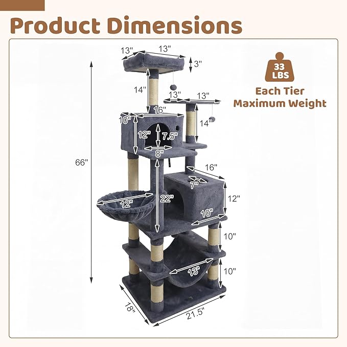 DORTALA Cat Tree for Indoor Cats, 66" Tall Cat Tower with 2 Condos, Sisal Scratching Posts, Plush Perch, Hammock, Dangling Balls, Multi-Level Pet Climbing Furniture Activity Center (Dark Gray)