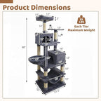 DORTALA Cat Tree for Indoor Cats, 66" Tall Cat Tower with 2 Condos, Sisal Scratching Posts, Plush Perch, Hammock, Dangling Balls, Multi-Level Pet Climbing Furniture Activity Center (Dark Gray)