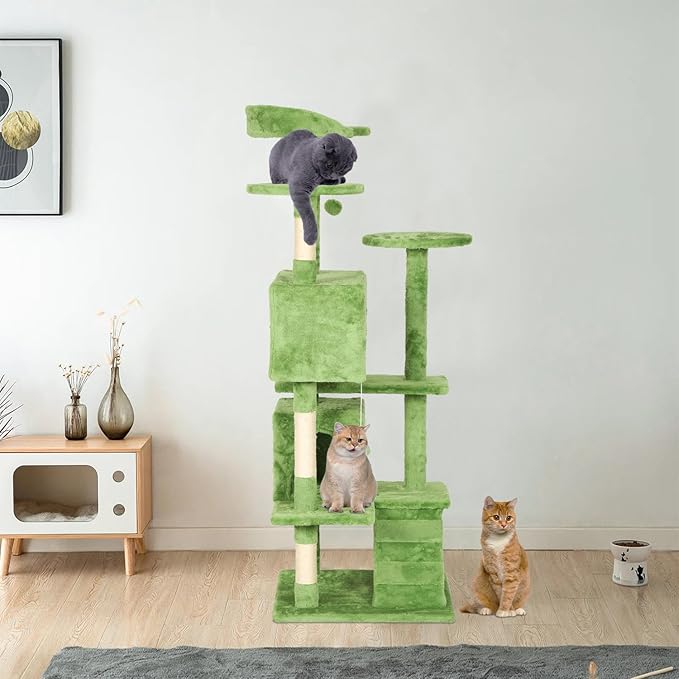 Cat Tree 53 inches Cat Tower for Indoor Cats Cat House with Replaceable and Removable Dangling Ball Cat Trees and Towers with Funny Toys, Green