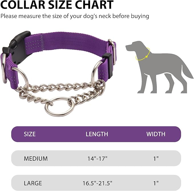 Martingale Dog Collar with Quick Release Buckle Steel Chain No Pull Training Reflective Collar for Medium Large Dogs(Purple, Large)