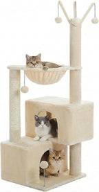 Cat Tree 45" for Indoor Cats, Compact Cat Tower with 2 Condos, Hammock Bed & 5 Hanging Ball Toys, Space-Saving Sturdy Cat Condo Furniture for Kittens & Small-Medium Cats
