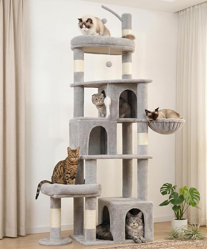 Heavy Duty Cat Tree for Indoor Cat, 74 Inch Cat Tower with Scratching Post, Hanging Basket, Cat Condo with Large Platform for Large Cats, PMT04GY, Grey